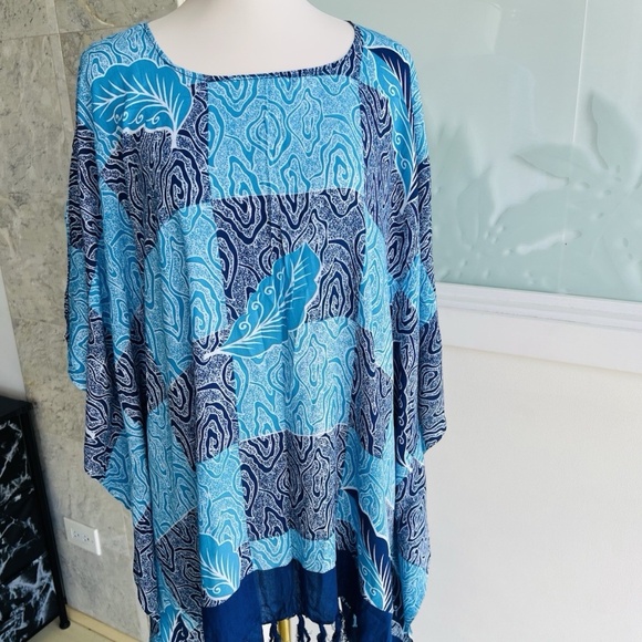 0006/ Light And Dark Blue Poncho With Fringed - Picture 4 of 7